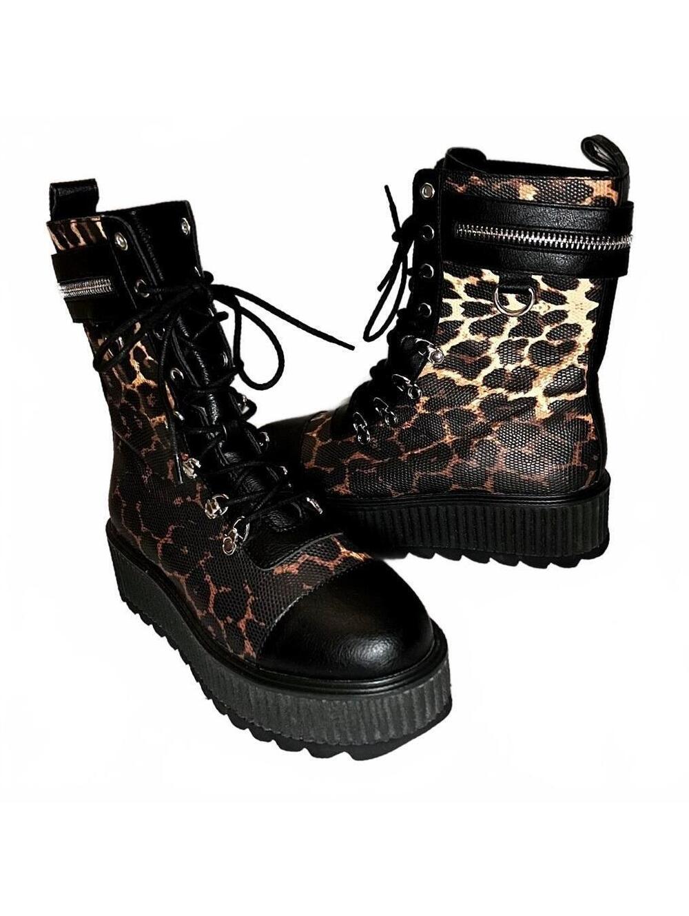 KILLSTAR Radiclaw Leopard Print Lace-Up Platform Combat Boots Size 8
